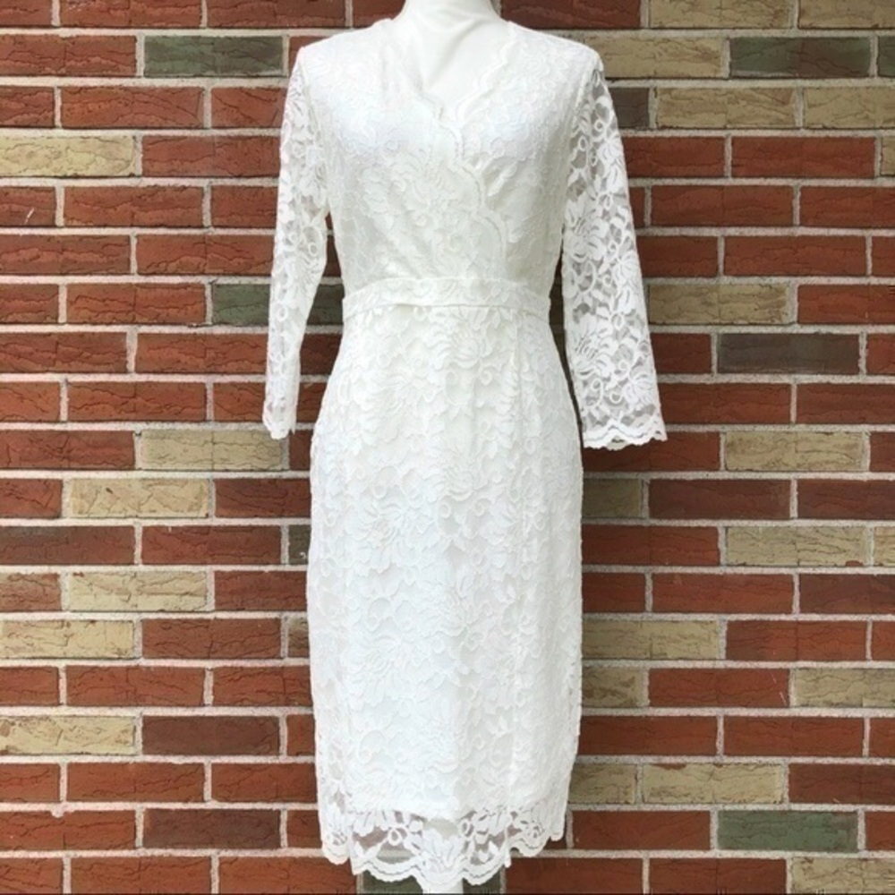 Thalia Sodi NWT Lace 3/4 Sleeve V-neck White Scalloped Hem Dress 👗